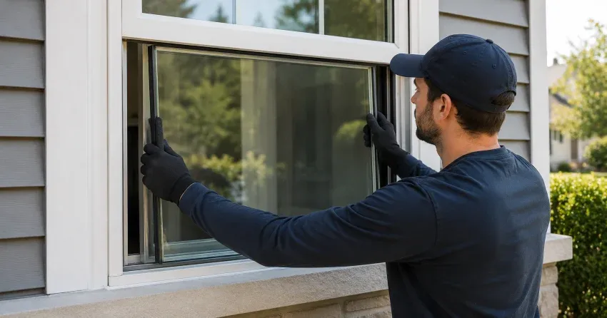 technician boarding up broken window during emergency glass repair Seaway, Welland