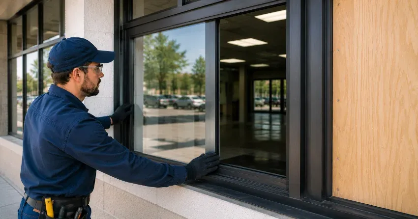 technician boarding a broken window after a break-in in Woodlawn, Welland