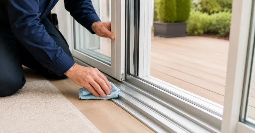 technician inspecting a sliding patio door track in Market Square, Welland