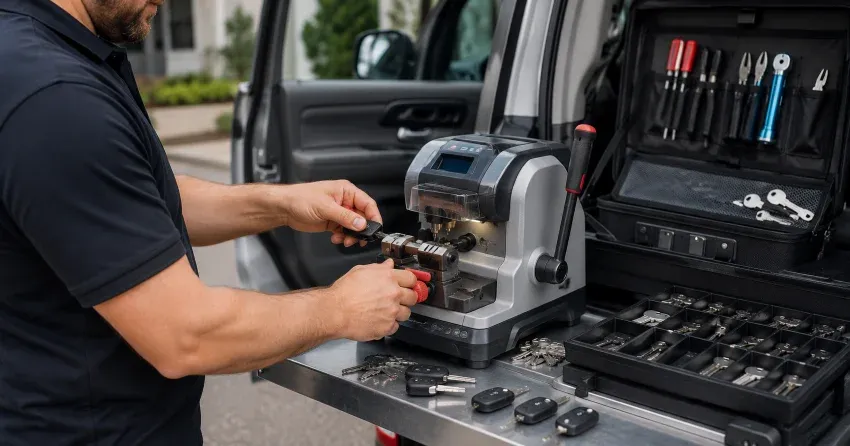 technician cutting a replacement car door lock key in Welland