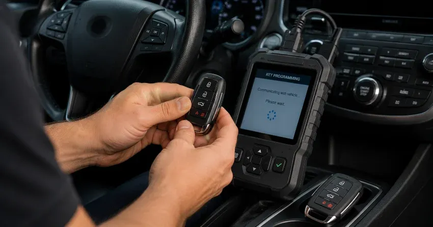technician inspecting a worn car key before replacement in Welland