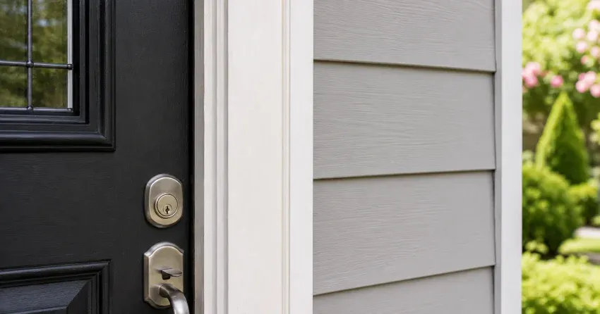 technician inspecting door jamb behind cracked casing in Welland home