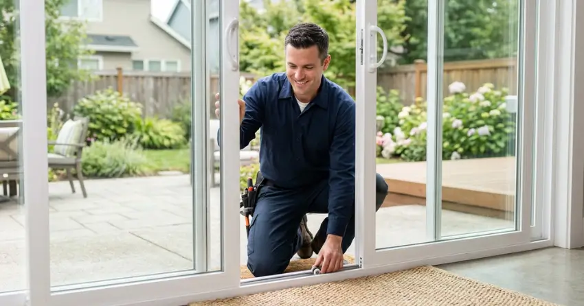 technician diagnosing a sticking patio door in West Main, Welland