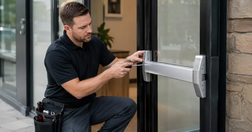 commercial locksmith repairing exit device on storefront door Welland