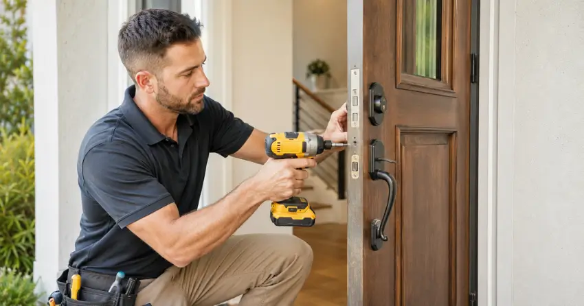 locksmith installing new deadbolt lock on front door in Welland