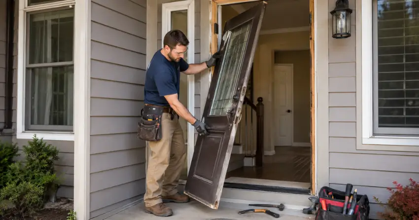 old exterior door being removed for replacement in Seaway Mall Area, Welland
