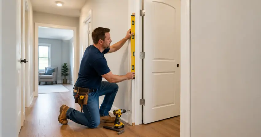 technician installing a pre-hung interior door in a home hallway Welland