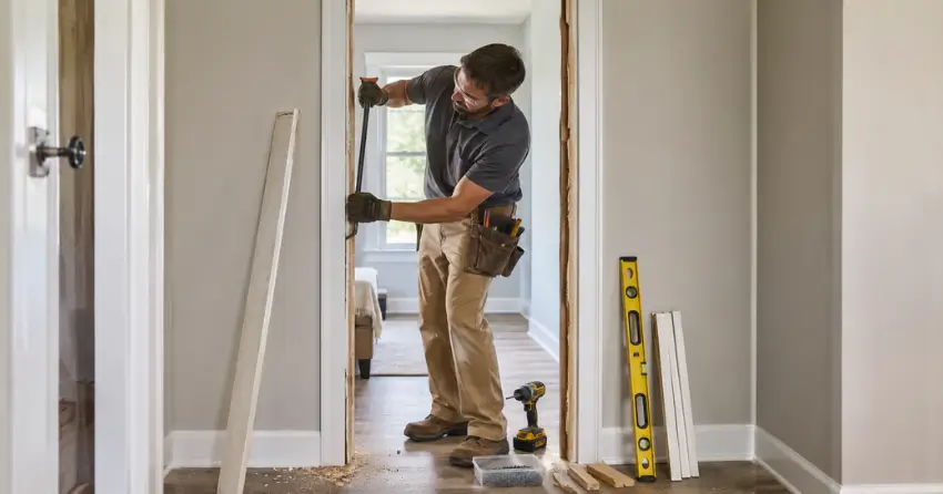 technician removing an old interior door frame during installation West Main, Welland