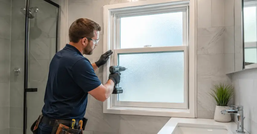 frosted glass installation bathroom window in Chippawa Park, Welland