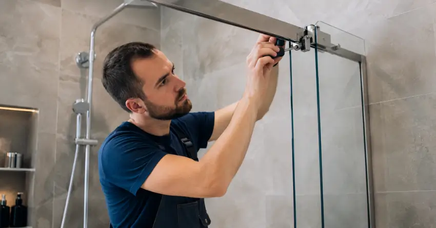 technician adjusting shower door hinge and track in Woodlawn, Welland