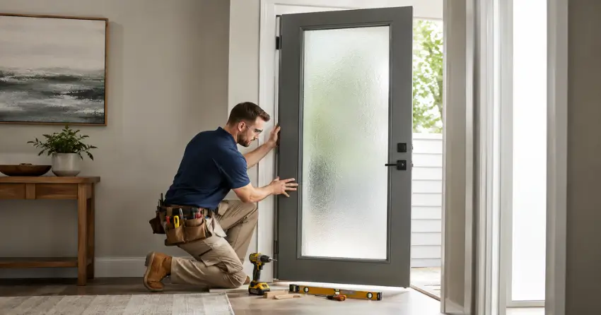 glass panel door installation with frosted privacy glass in residential setting in Ontario Road, Welland