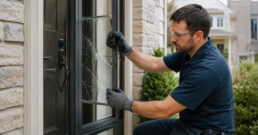 technician removing cracked storm door glass panel in Chippawa Park, Welland