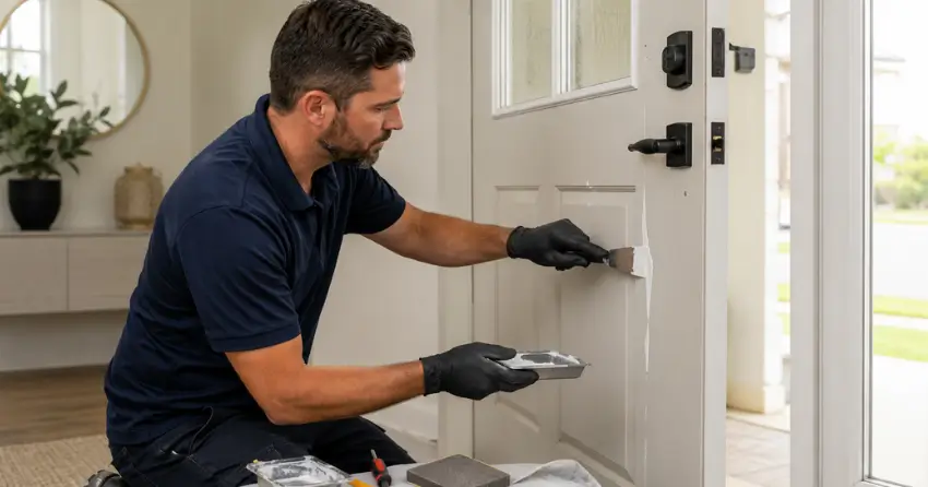 technician repairing fiberglass door surface crack in Ontario Road, Welland