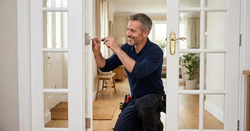 technician adjusting French door hinge for proper alignment in Niagara College Area, Welland