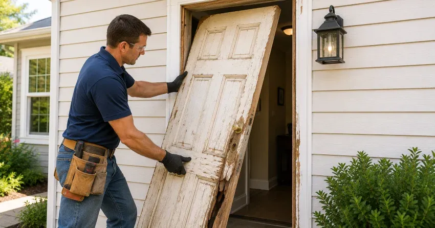 warped exterior door frame showing weather damage in Welland
