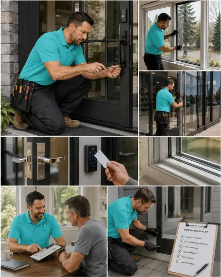 A technician testing a multi-point locking system on a newly fitted door
